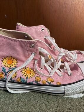 Kids Pink High-Top Sneakers with Sunflower Print